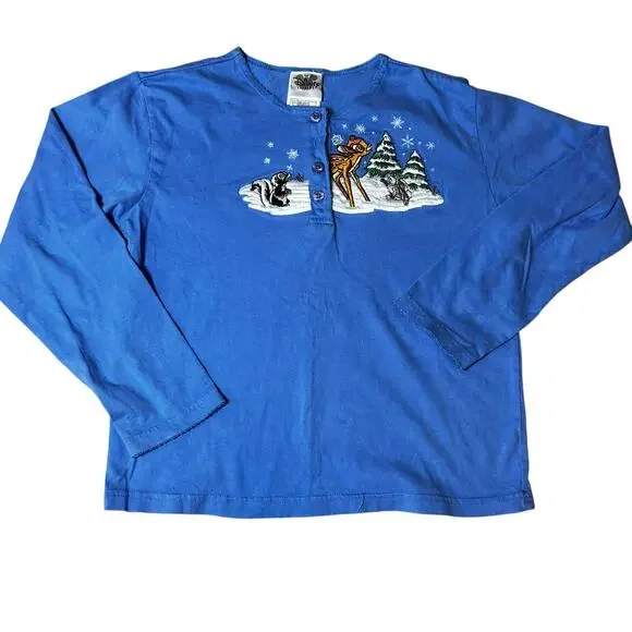 Vintage Disney Store Bambi Thumper Flower embroidered Holiday henley girl 10-12 - Picture 1 of 6